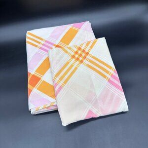 Vintage Full Flat Sheet Pillowcase Set 70s Sears Pink Orange Plaid Retro As Is